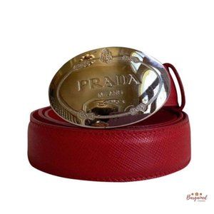 Authentic PRADA Red Saffiano Leather Engraved Oval Plaque Buckle Belt Size 85/34